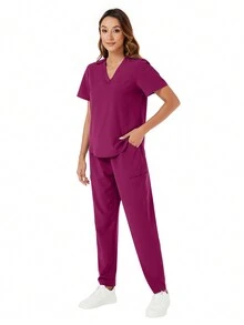 Scrub Uniforms Nurse Set With V-Neck Top & Straight Leg Pants - Red Violet - View 3