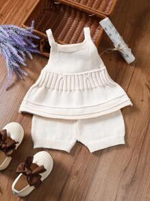 Baby Girl Simple Solid Color Sweater Top And Shorts Set