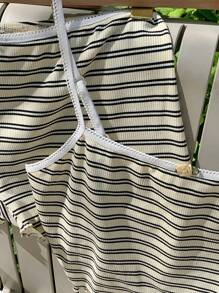 SHEIN EZwear Summer Casual Ribbed Crop Cami Top And Shorts Set - Black and White - View 10