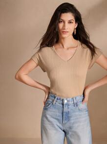 Anewsta 女士夏季實色V領短袖休閒T恤 - 棕色 - 查看 5