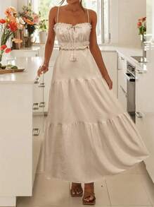 Breezaya Women Solid Color Spaghetti Strap Dress With Ruffle Hem For Summer Maxi Women Outfit - Khaki - View 3