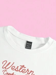 SHEIN Unity Damen Sommer weißes Crop-Ärmel Western Cowgirl T-Shirt mit Baby Tee Schnitt - Weiss - Übersicht 4