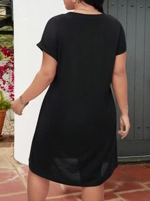 Calvaya 大碼夏季簡約休閒連衣裙，胸前鑽石心形裝飾 - 黑色 - 查看 2