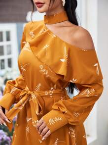 Modelyn Elegant Vacation Style Asymmetrical Collar Plant Print Ruffle Trim Long Sleeve Dress - Yellow - View 6