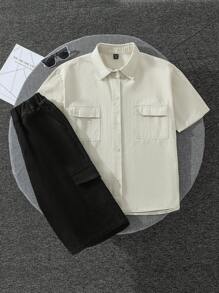 青少年男孩夏季短袖純色休閒衫和寬鬆短褲工作服2件套裝 - 卡其色 - 查看 5
