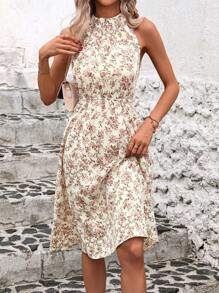 SHEIN Clasi Phong cách kỳ nghỉ Đầm cổ dây hoa không tay Ditsy - Hồng - Xem 5