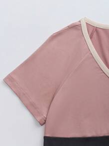 SHEIN LUNE Women's Summer V-Neck Multi-Color Patchwork Batwing Sleeve T-Shirt - Apricot - View 6