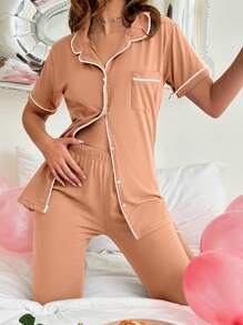 RueChic Conjunto De Pijama Para Mujer De Dos Tonos Con Mangas Cortas - Rosa - Ver 1