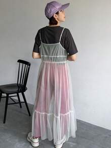 FRIFUL Semi-transparante, eenvoudige dagelijkse mesh-jurk voor dames, met ruches - Beige - Bekijken 6
