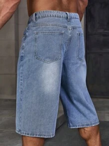 Manfinity Homme Quần short denim thường ngày đơn giản màu trơn cho nam, dành cho mùa hè - Rửa nhẹ - Xem 2