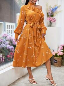 Modelyn Elegant Vacation Style Asymmetrical Collar Plant Print Ruffle Trim Long Sleeve Dress - Yellow - View 5
