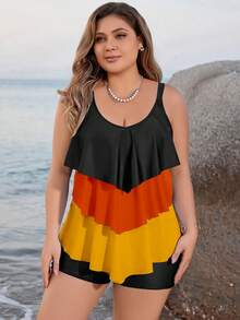 Swim Lushoire Plus Size Women's Summer Beach Color Block Ruffled Hem Beach Vacation Swim Dress - Multicolor - View 6