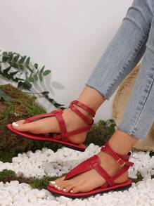 Chancletas con tiras para mujeres de talla grande, estilo europeo y americano, sandalias de moda casuales para actividades al aire libre en verano - Rojo - Ver 5