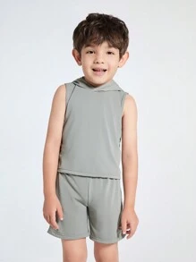 男孩純色無袖連帽上衣和運動短褲套裝，夏季 - 深灰色 - 查看 1