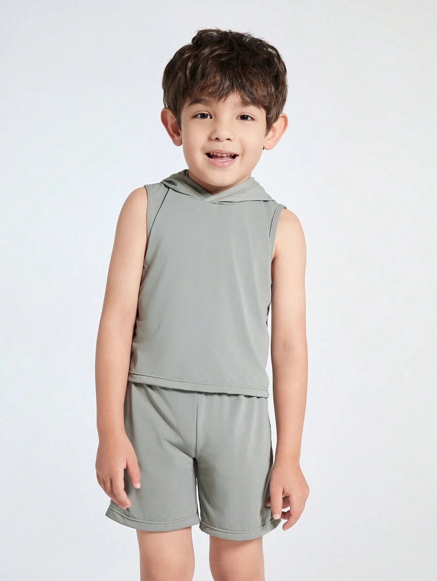 男孩純色無袖連帽上衣和運動短褲套裝，夏季 - 深灰色 - 查看 1