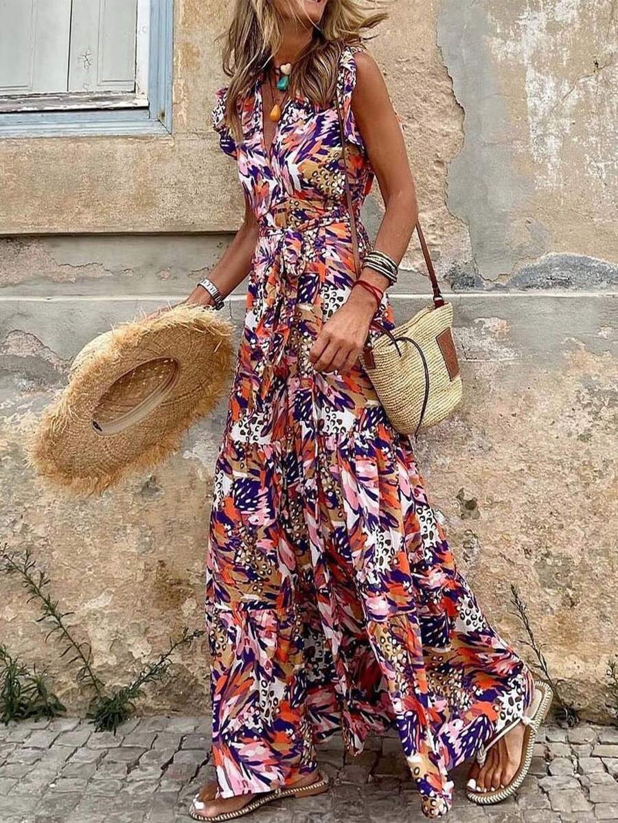 Breezaya Robe d'été à col V, manches volantées et imprimé intégral pour femmes