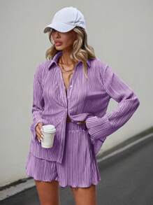 SHEIN Essnce Women's Fashion Solid Color Long Sleeve Shirt Shorts Two-Piece Set - Mauve Purple - View 3