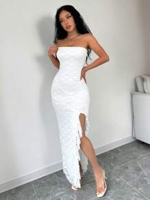 Rafferiza Women Fashionable Solid Color Split Front Strapless Dress