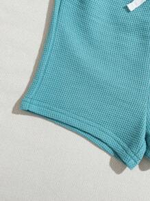SHEIN Áo thun polo cổ chữ V ngắn tay dệt kim đơn giản cho bé trai và bộ quần đùi màu trơn - màu xanh lá - Xem 3