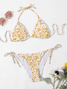 SHEIN Swim 女士度假碎花吊带性感比基尼套装，比基尼套装分开。印花图案随机。，夏日海滩 - 彩色 - 查看 5
