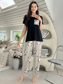 Color Block Floral Printed Short Sleeve And Long Pants Pajama Set - Black - View 4