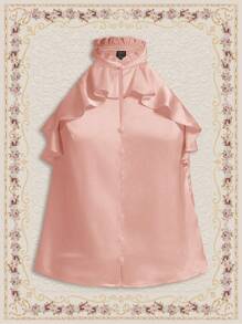 SHEIN DECDS Blusa vintage de mujer con cuello halter y detalles de volantes cortos, ropa de verano, tops lindos, trajes sexys y para salir - Rosa - Ver 3
