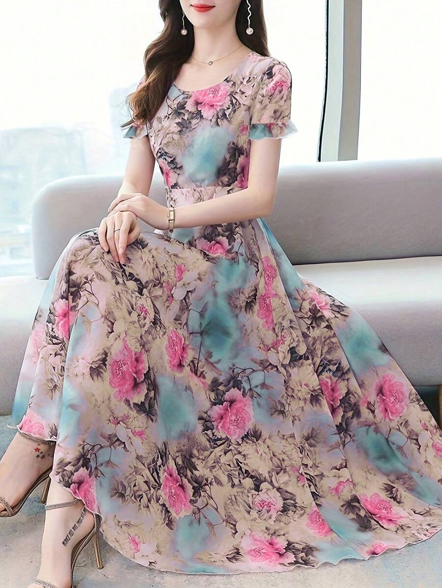 SHEIN Unity 女士假期風格隨機印花短袖連衣裙 - 薄荷藍 - 查看 1