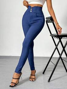 SHEIN Privé Women's Daily Elegant Basic Simple High-Waisted Skinny Jeans With Denim Effect Pockets And Button Detail