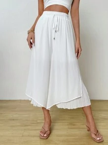 SHEIN Essnce Pantalones de palazzo plisados de cintura alta de gasa para mujer con aberturas laterales, adecuados para el palacio - Blanco - Ver 5