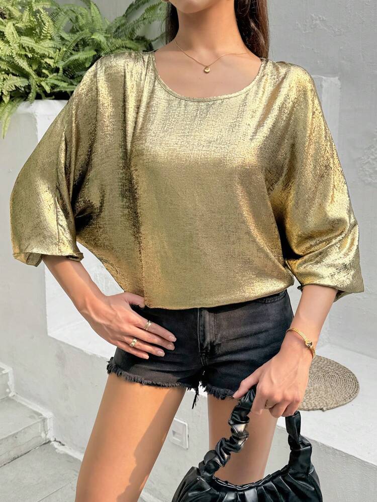 Spring/Summer Loose-Fit Metallic Fabric Batwing Sleeve Women Shirt