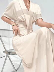 Modelyn Ladies' Solid Color Cross Wrap Shawl Collar Elegant Dress For Summer