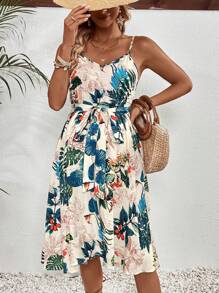 SHEIN 孕妇细肩带印花无袖连衣裙（夏季） - 白色 - 查看 5