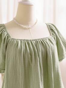 Soleia 女士夏季休闲纯色纹理褶皱短袖衬衫、短袖上衣