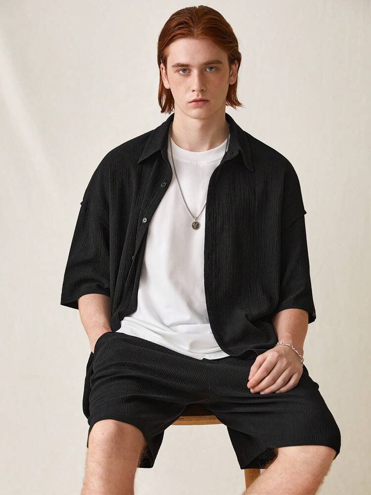 Men's Summer Casual Solid Color Short Sleeve Shirt And Shorts Set