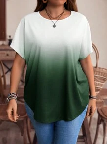 EMERY ROSE Camiseta de verano holgada para mujeres de talla grande con degradado de color y dobladillo curvo - Verde militar - Ver 3