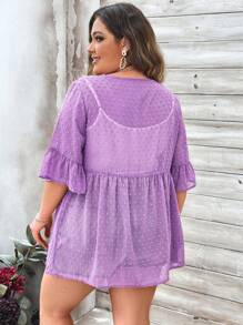 SHEIN LUNE Luźne kimono damskie plus size z rozszerzanymi rękawami i wiązaniem w talii na lato - Wrzosowy - Zobacz 2