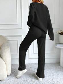 Cottnline Cotton Women's Solid Color Ribbed Slim Fit Round Neck Long Sleeve Top And Pants Two-Piece Set - Black - View 2