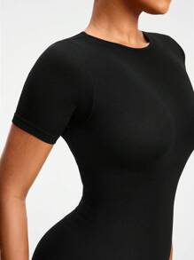 SHAPORA Seamless Round Neck Short-Sleeved Brief Bodysuit Body Shaper Bust&Butt Lifter -Tummy Waist Arm Control - Black - View 6