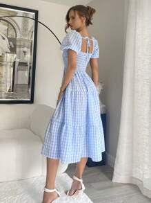 Siren Gaze 女士泡泡袖中長款連衣裙，藍白格紋夏威夷風裙，流蘇裙，鄉村風夏季女裝 - 藍白色 - 查看 2