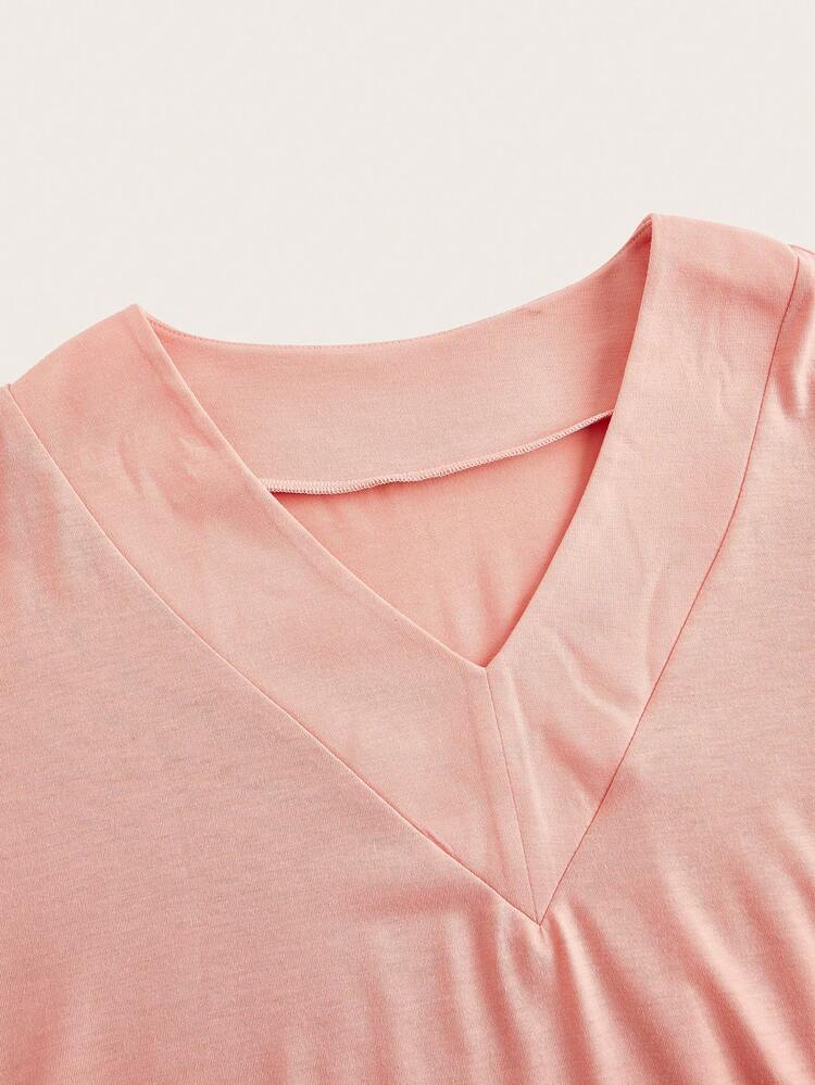 Pink Casual V-Neck Wide Hem Women T-Shirt