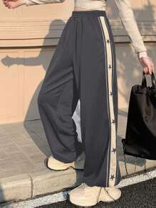 DAZY 女士时尚星星图案撞色运动休闲运动裤 Y2k，女士慢跑裤秋季 - 深灰色 - 查看 4