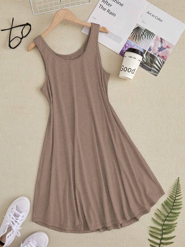 Sleeveless Solid Color Round Neck Summer House Dress
