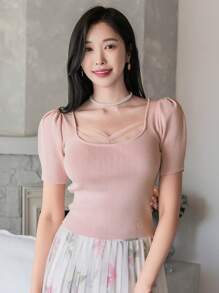 DAZY 女士純色簡潔日常拼接針織上衣 - 粉色 - 查看 3