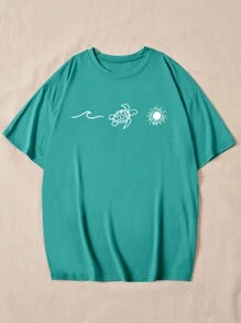 INAWLY Camiseta casual de mujer de manga corta con cuello redondo con estampado de tortuga y letras para el verano