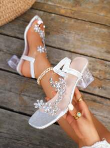 Nuevos sandalias de verano 2025 para mujer con flores de cristal transparente y tacón grueso, elegantes y encantadoras para sesiones de fotos y citas