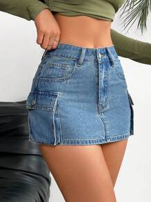 SHEIN PETITE 女士休閒牛仔A字裙，帶口袋，工裝風格 - 中等水洗藍 - 查看 1