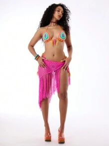 Musera Resort Beach Crochet Knit Tassel Skirt, Summer Solid Color Sweater Skirt Beach ResortHoliday - Hot Pink - View 3