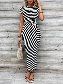 Chiquease Váy thắt eo thiết kế sọc đen trắng thời trang mùa hè dành cho nữ - Đen và trắng - Xem 3