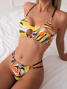 SHEIN Swim 女性流行的夏季度假風格比基尼泳裝套裝 - 彩色 - 查看 2
