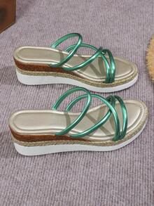 女士休閒綁帶繩楔形涼鞋，開放式設計平台拖鞋，舒適防滑 - 橄欖綠 - 查看 3